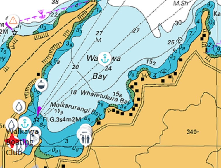 Waikawa Bay Chart, Club highlighted in Red, bottom left.